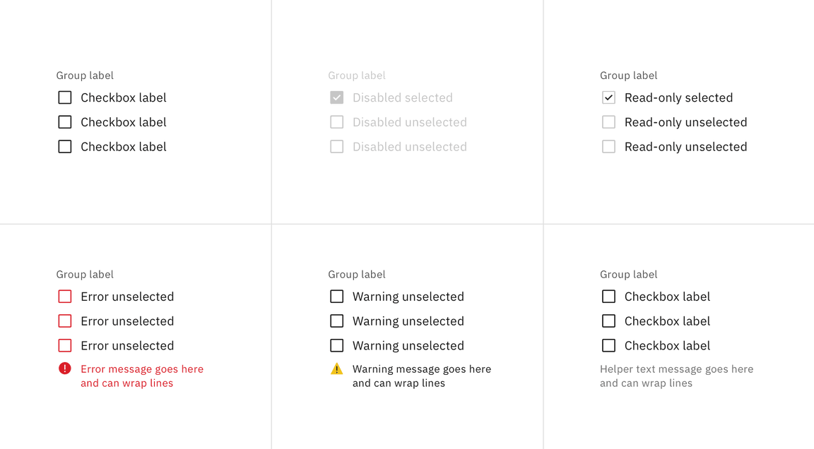 Enabled, disabled, read-only, error, warning and helper text states for checkbox group